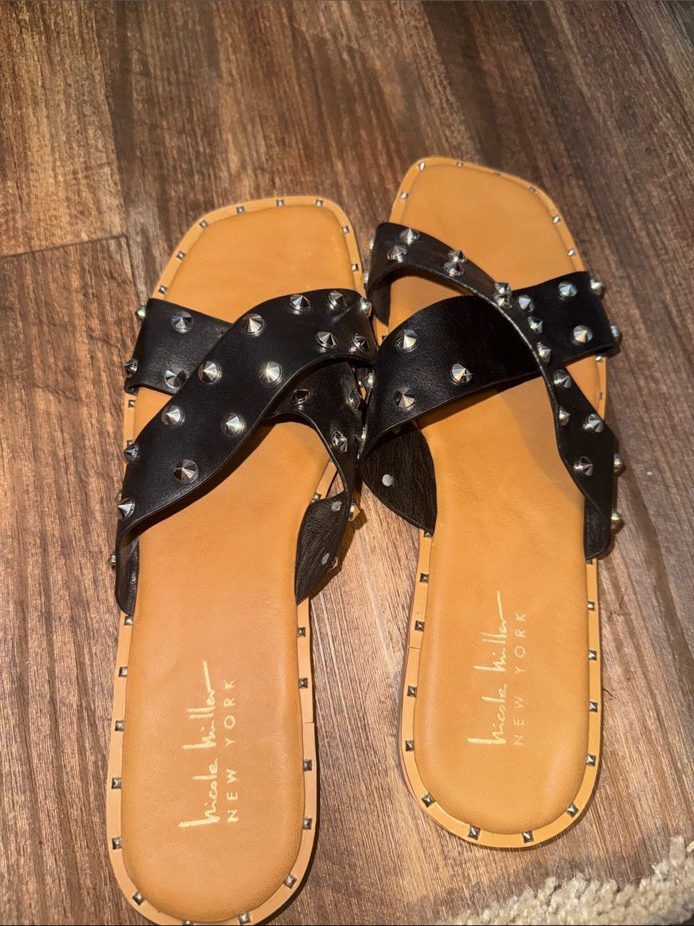 Nicole Miller Black Studded Cross-Strap Slide Sandals